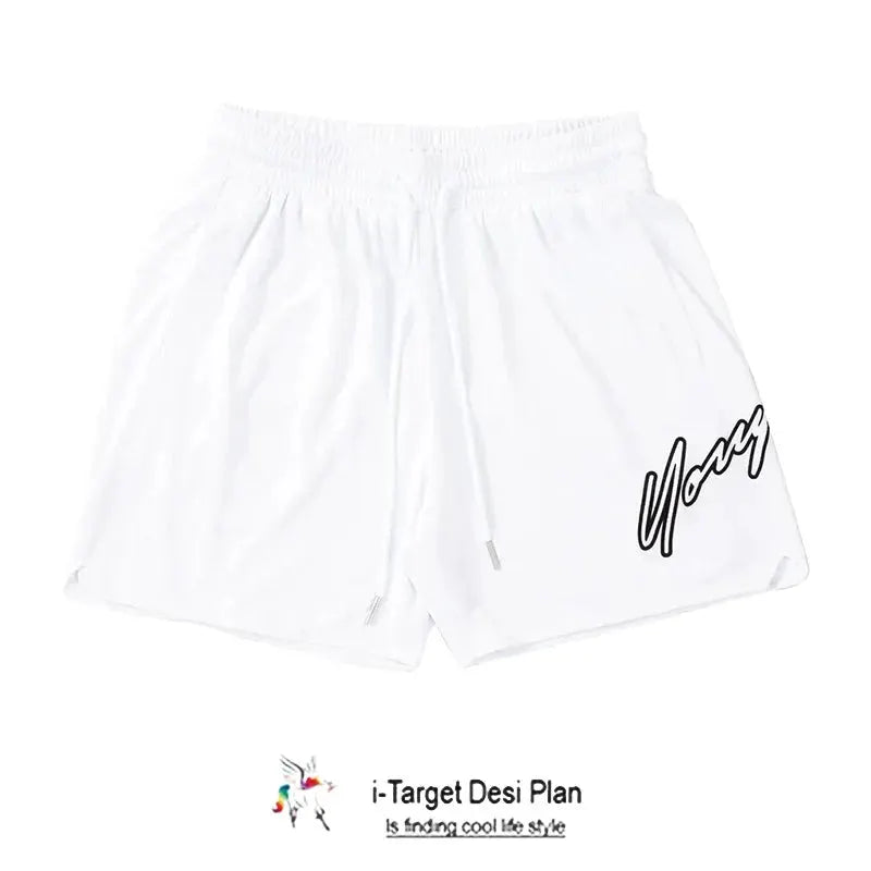 White men's quick-dry mesh swim shorts with elastic waist and drawstring, black script on the right leg.