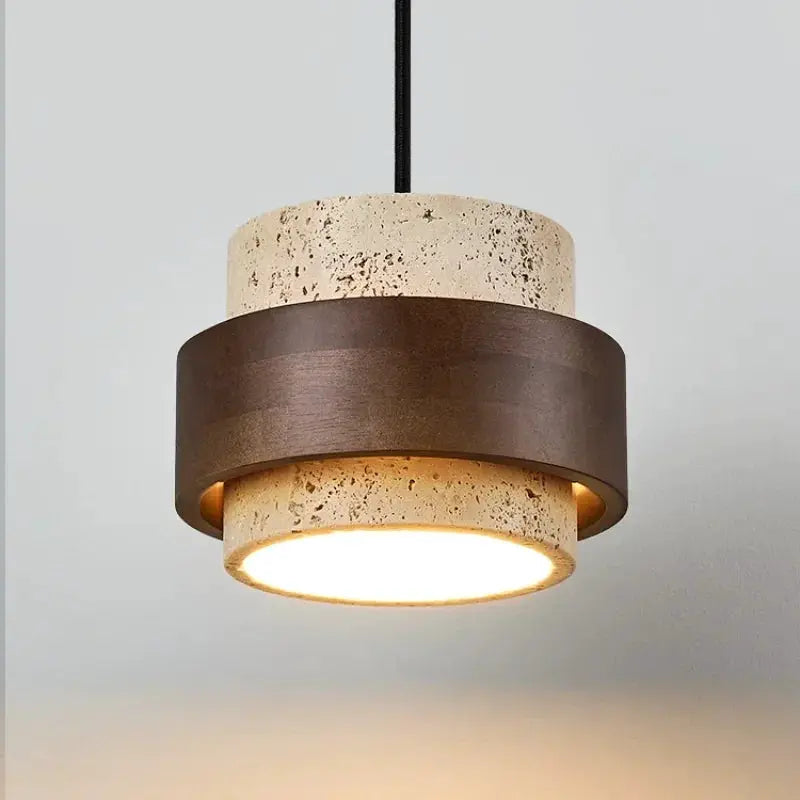 LED pendant lamp with stone-textured top and bottom and a walnut wood band, hanging lighting fixture