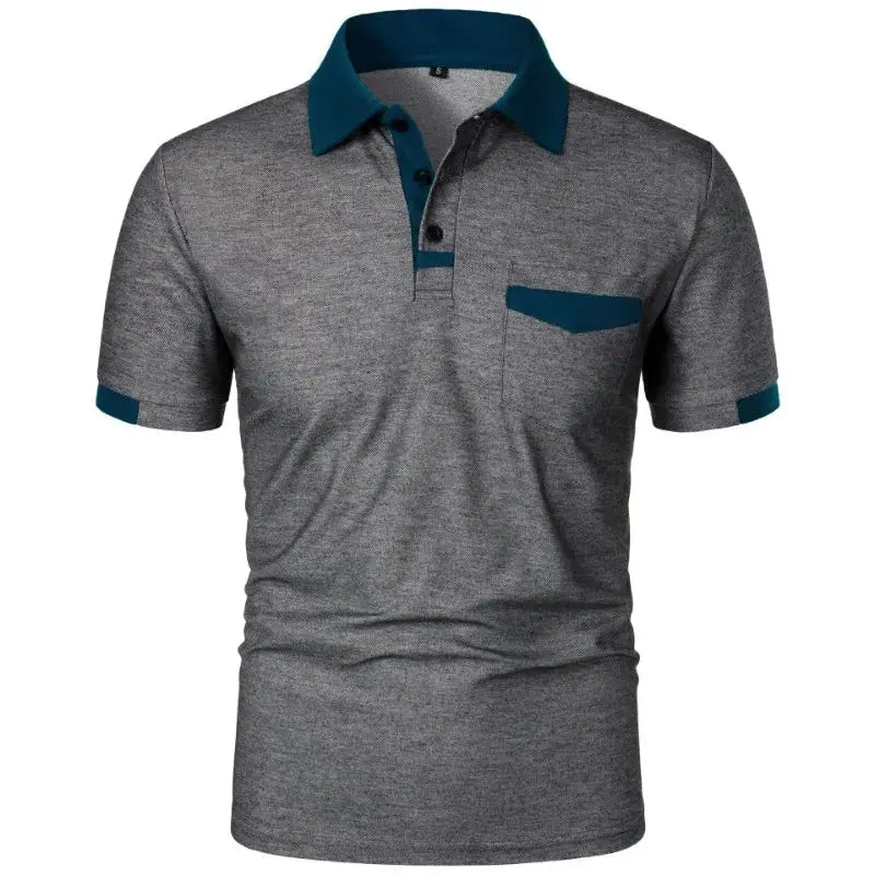 Men's short-sleeve polo with pockets in heather gray, teal collar and chest pocket trim.