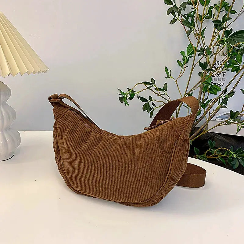 Brown corduroy women's hobo shoulder bag; crossbody handbag by Simples Market