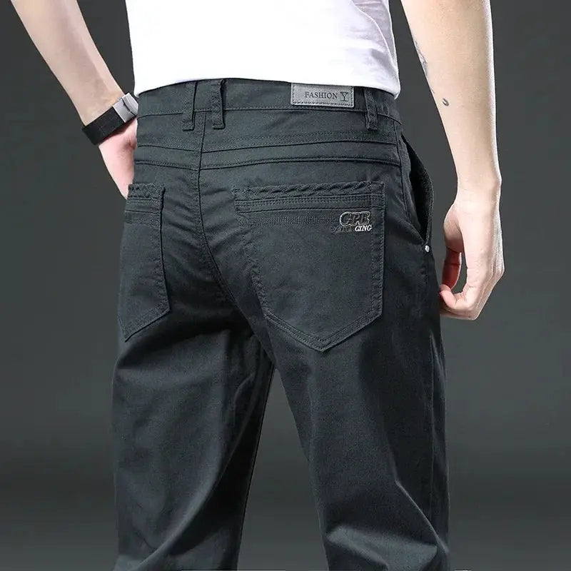 Men's straight pants, black, 97% cotton, with back pockets and subtle embroidery.