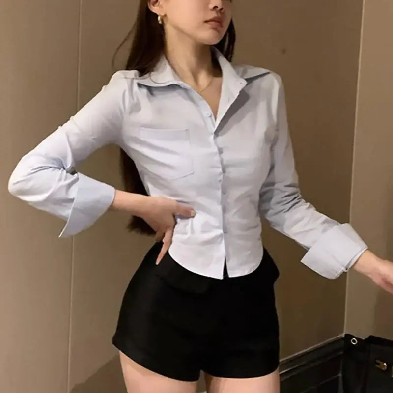 Korean white chiffon office shirt for women by Simples Market, with pocket, button front, lapel, long sleeves