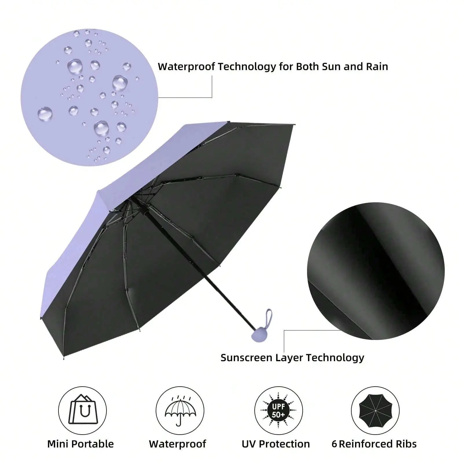 Portable 1 Piece Anti UV Mini Umbrella For Sunny And Rainy Days With UV Coating And Six Reinforced Ribs