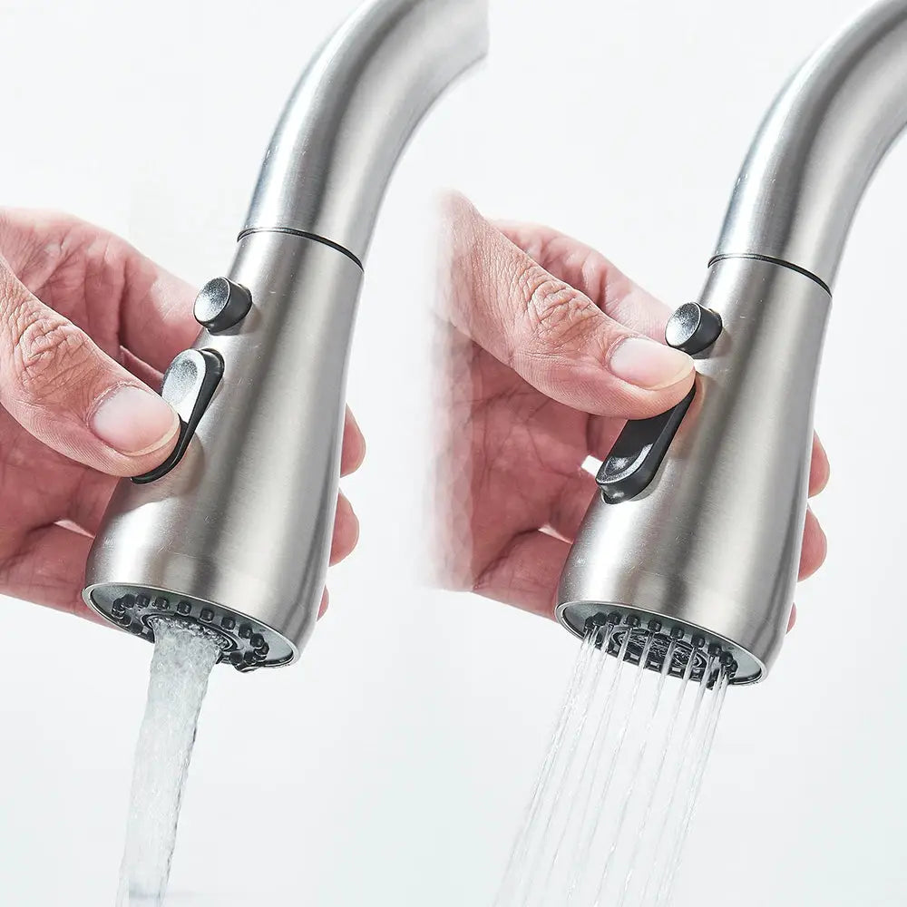 Kitchen taps pair with pull-out spray heads in brushed nickel stainless steel with black lever handles