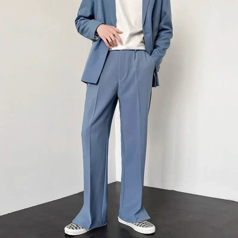 Men's straight baggy casual pants in blue-gray, shown with a matching blazer