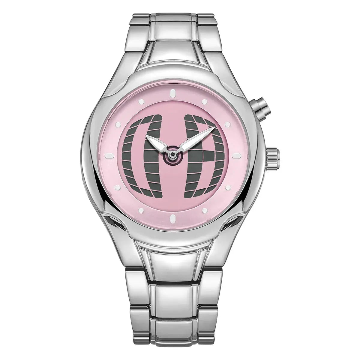 Watch by Simples Market; men's stainless steel bracelet with pink dial and globe-pattern design