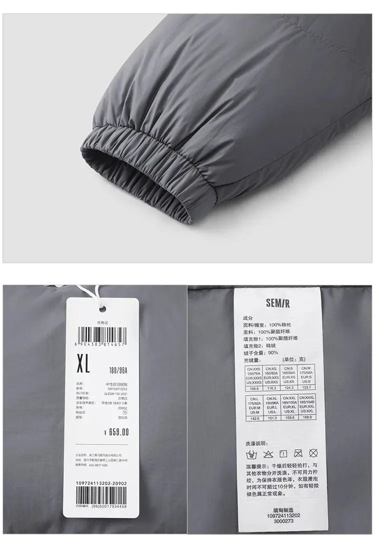 Semir men's down jacket, grey solid color with hood and elastic cuffs; XL size tag visible.
