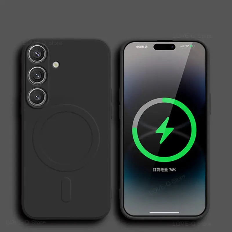 Soft black liquid silicone MagSafe charging case for Samsung Galaxy S23–S26 series with circular back ring
