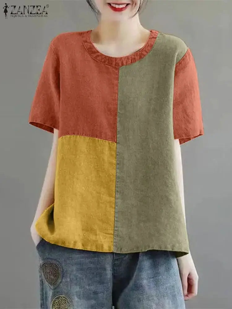 ZANZEA Women Patchwork Blouse Cotton Linen Short Sleeve Round Neck Top