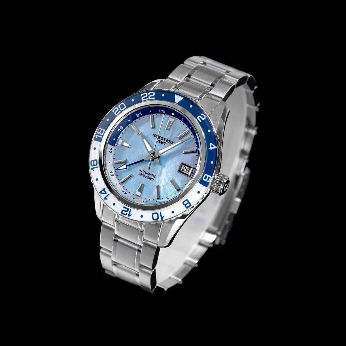 SEESTERN men's GMT diver watch with stainless steel bracelet, blue bezel