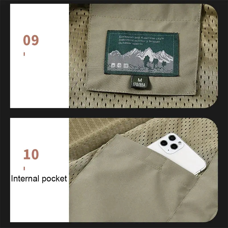 Men's windproof and waterproof sleeveless vest with beige mesh fabric and internal pocket for phone