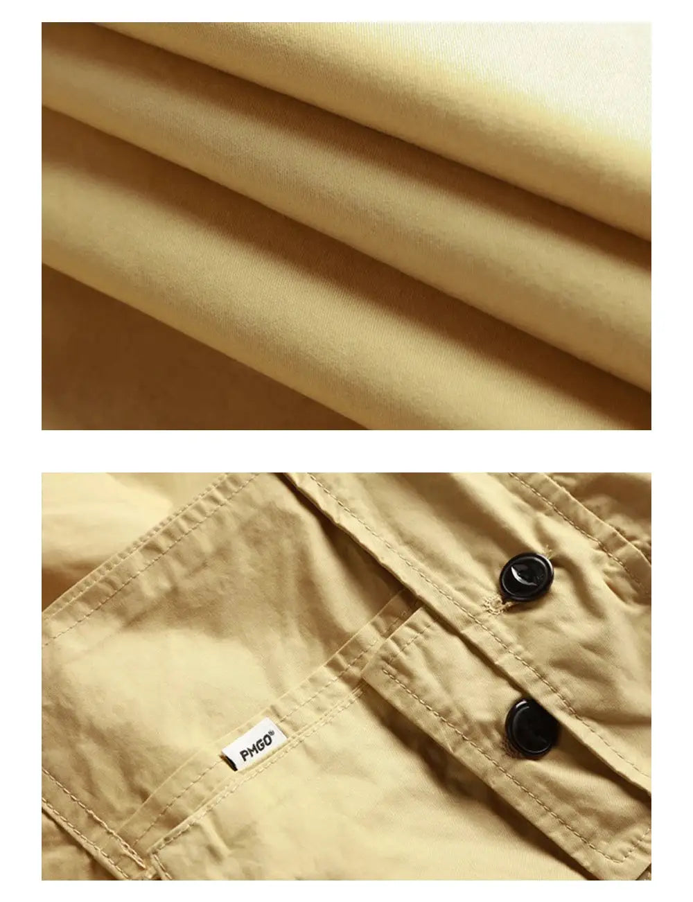 Multi-pocket cargo pants in beige with buttoned pockets and a PMGO label