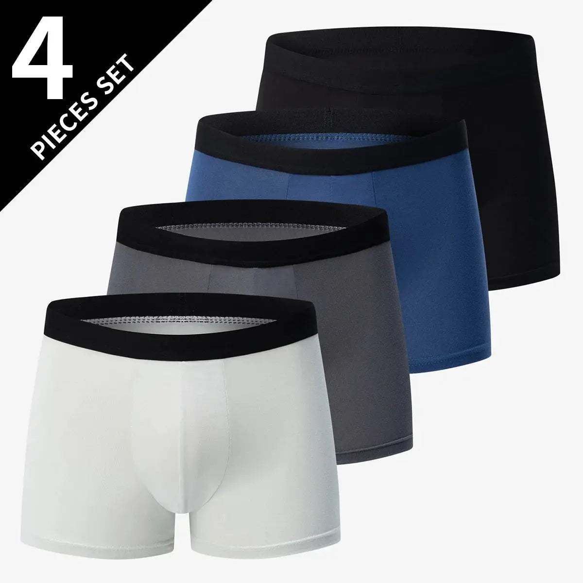 Simples Market 4-pack men's boxer underwear in white, gray, blue and black; breathable antibacterial fabric.