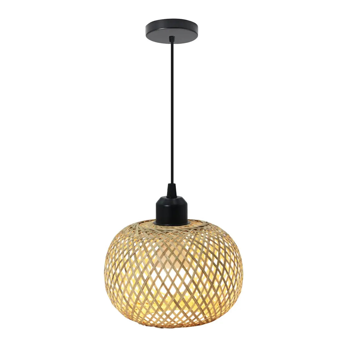 Bamboo pendant lamp with natural rattan lattice sphere, black cord and canopy, E27 hanging ceiling light