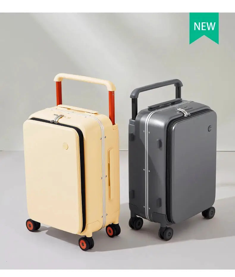Mixi 20-inch carry-on suitcase set in beige and gray with wide handles and spinner wheels