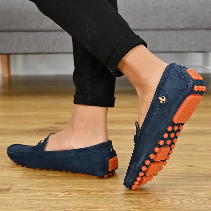 YRZL men's navy suede loafers with orange outsole, slip-on moccasin style