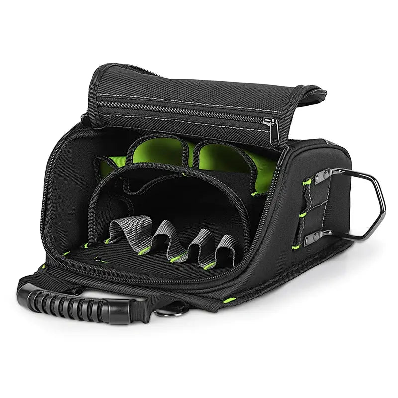 JAKAH electricians tool pouch with multi-pocket layout, black exterior, lime green interior, ergonomic rubber handle
