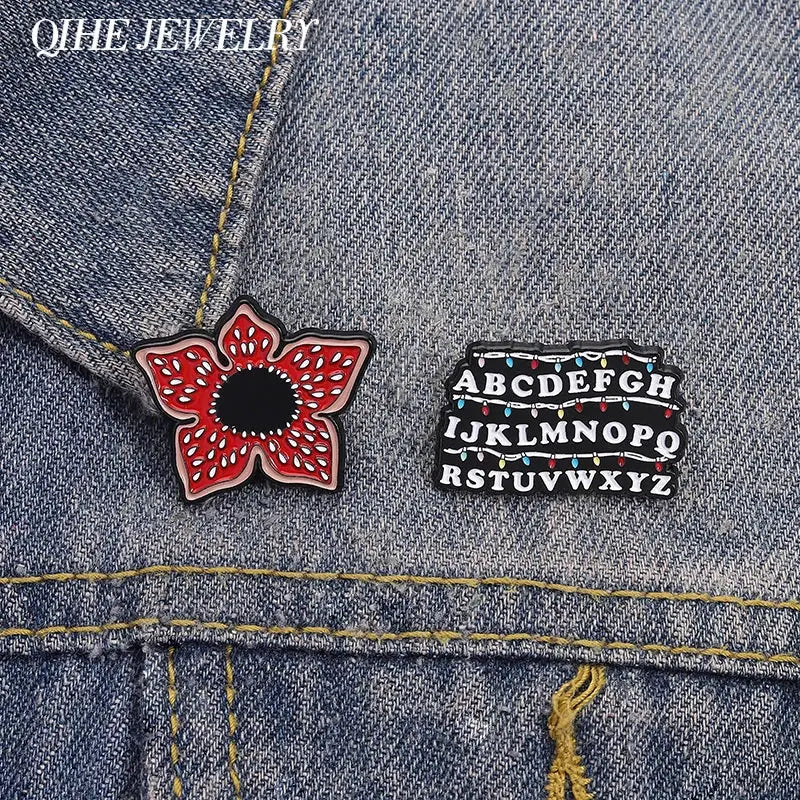 Sci Fi Horror Enamel Pins Cannibal Flowers and 26 English Letter Brooches for Backpacks Lapels and Gifts