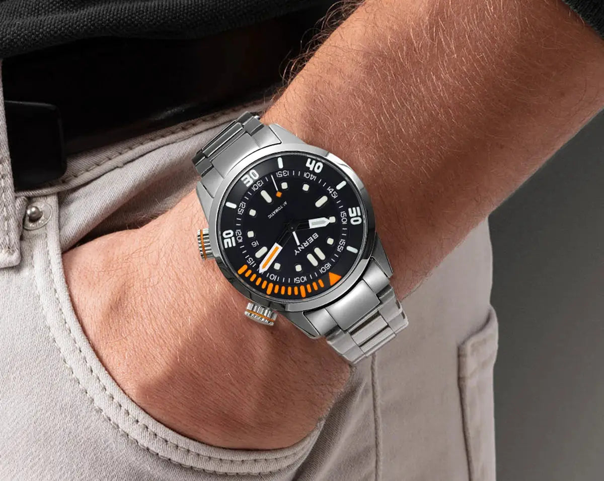 BERNY automatic dive watch for men, stainless steel bracelet, black dial with white markers and orange accents, 20ATM