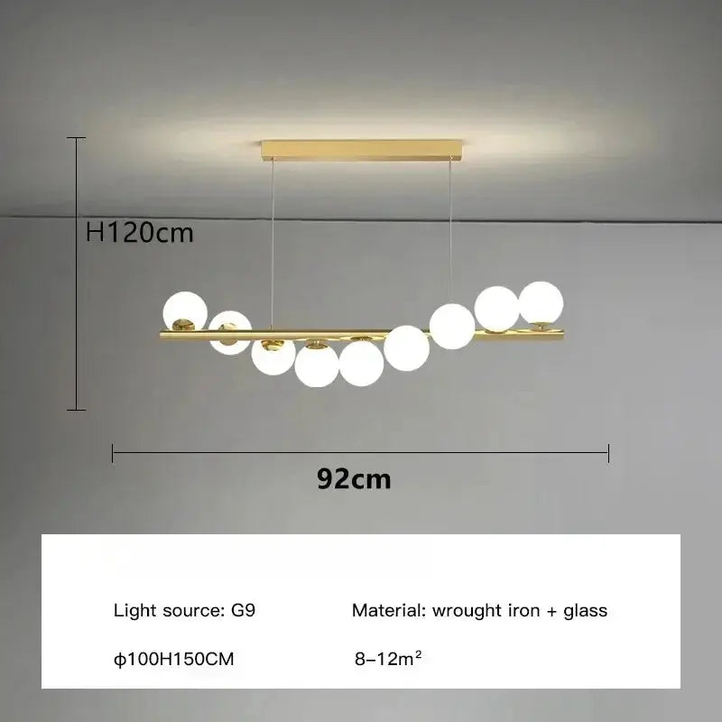 Nordic ceiling chandelier with gold bar and cluster of white glass globes, 92cm wide, 120cm high, wrought iron + glass