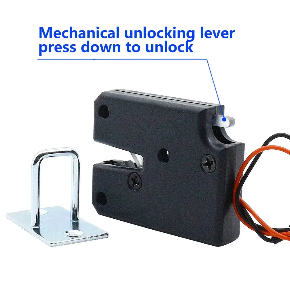 Mini electric cabinet lock by Simples Market; black plastic body with metal strike plate and wiring