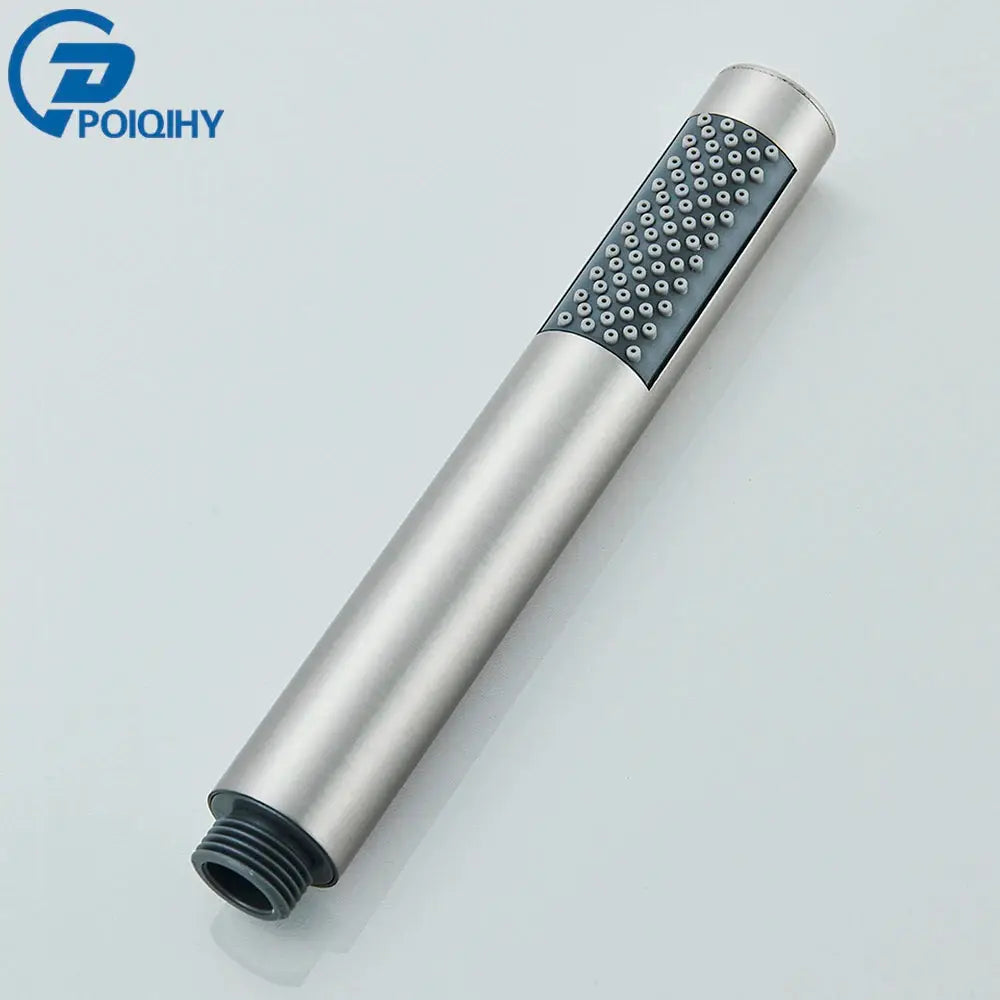 Handheld shower head with brushed silver finish and black grip panel; plastic body, single-function.