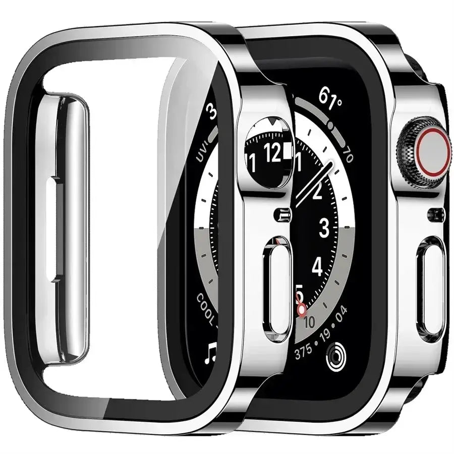 Apple Watch tempered glass screen protector with PC bumper by Simples Market, chrome finish, for 40–46mm Series 4–9/SE.