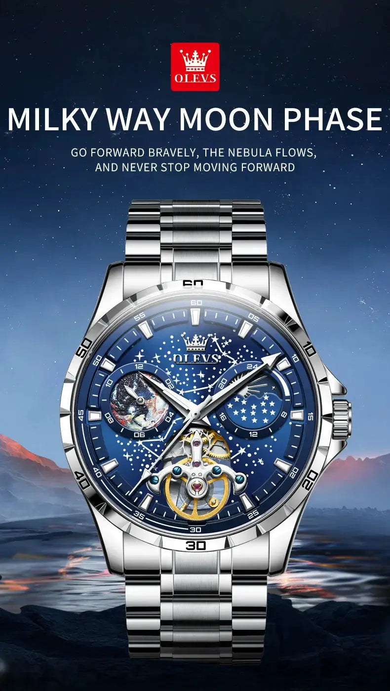 OLEVS men's skeleton automatic watch with stainless steel bracelet, blue starry-sky dial and luminous accents
