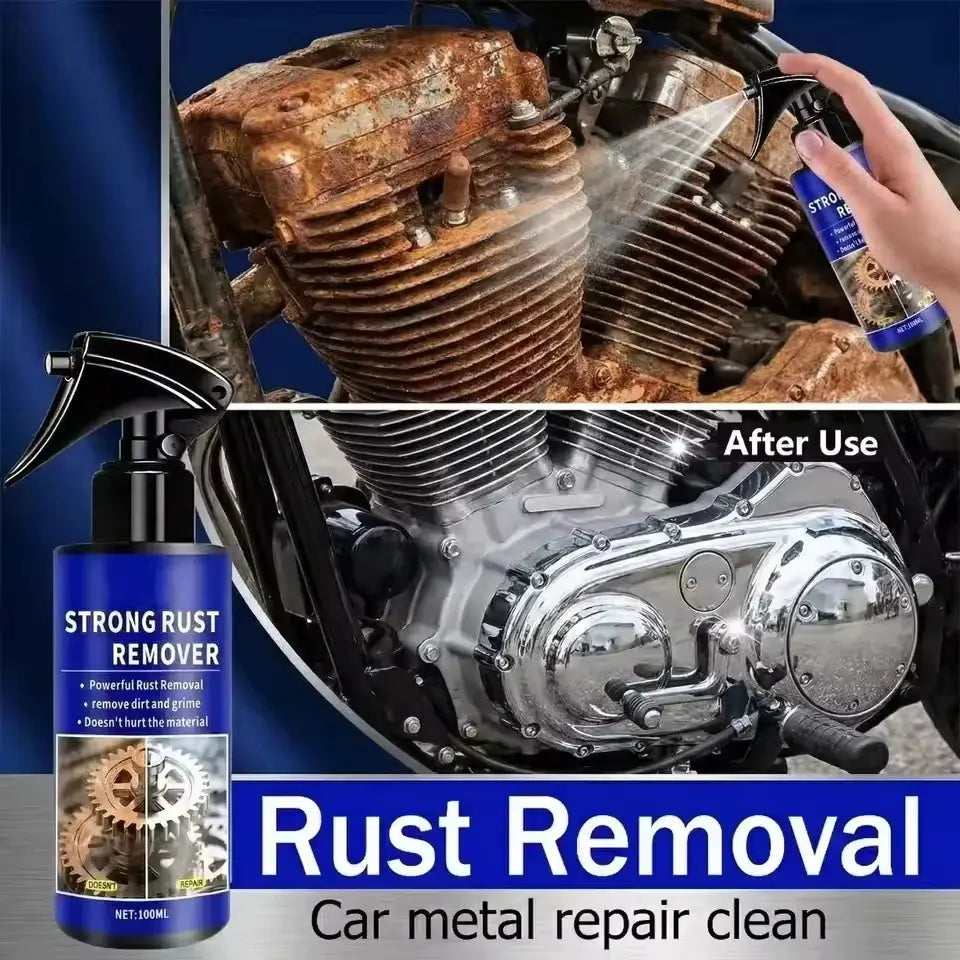 Automotive rust remover spray in a blue bottle; removes rust and cleans metal surfaces.
