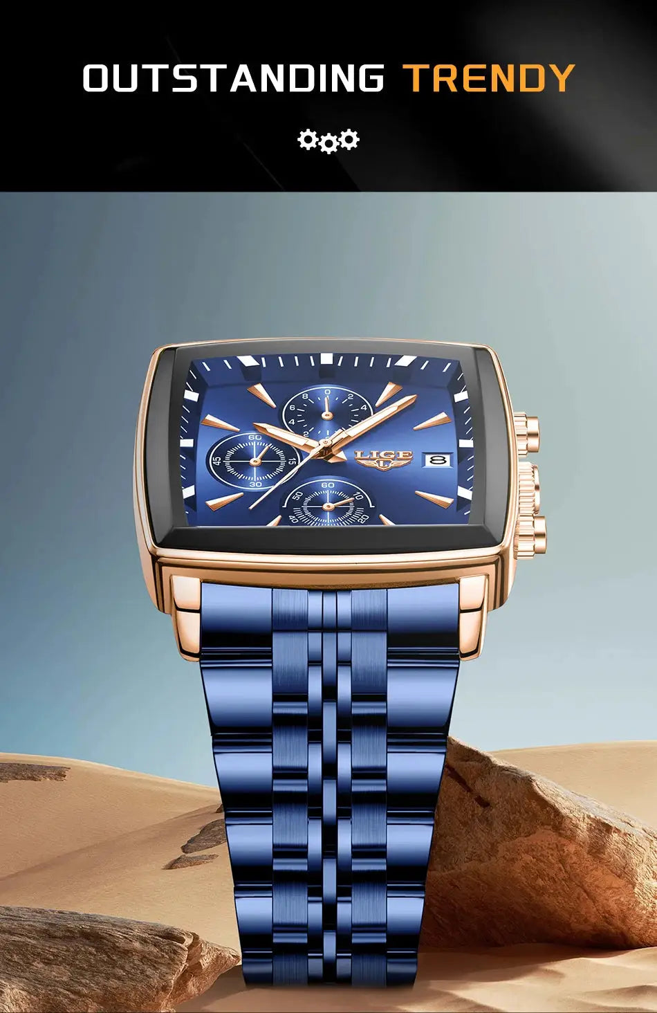 LIGE square blue stainless steel men's watch with rose-gold-tone case and blue bracelet