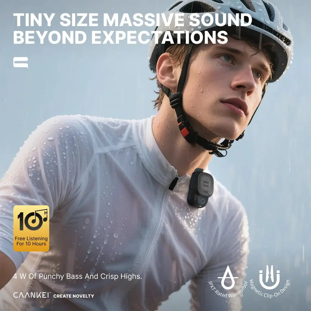 Wearable Bluetooth speaker Simples Market, black clip-on IPX7 waterproof for outdoor use.