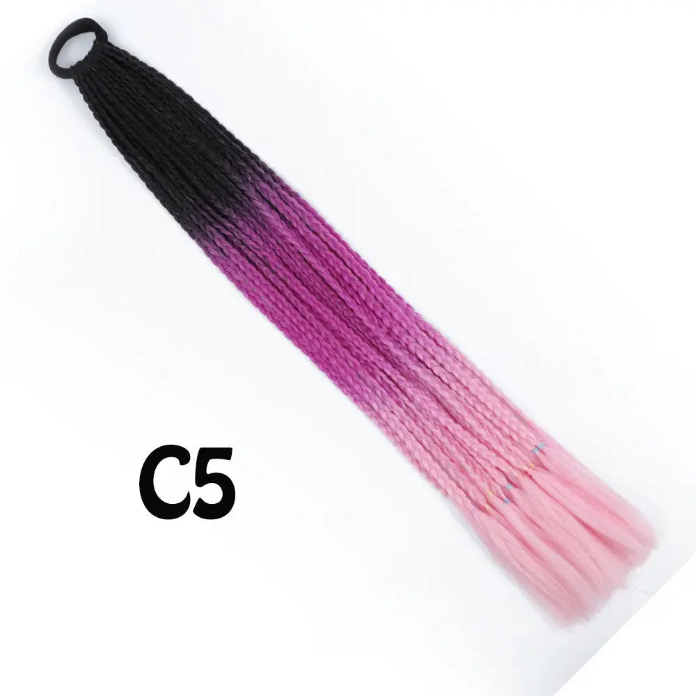Braided ponytail extension, synthetic gradient black-to-pink rainbow, with elastic band, 24 inches, Simples Market