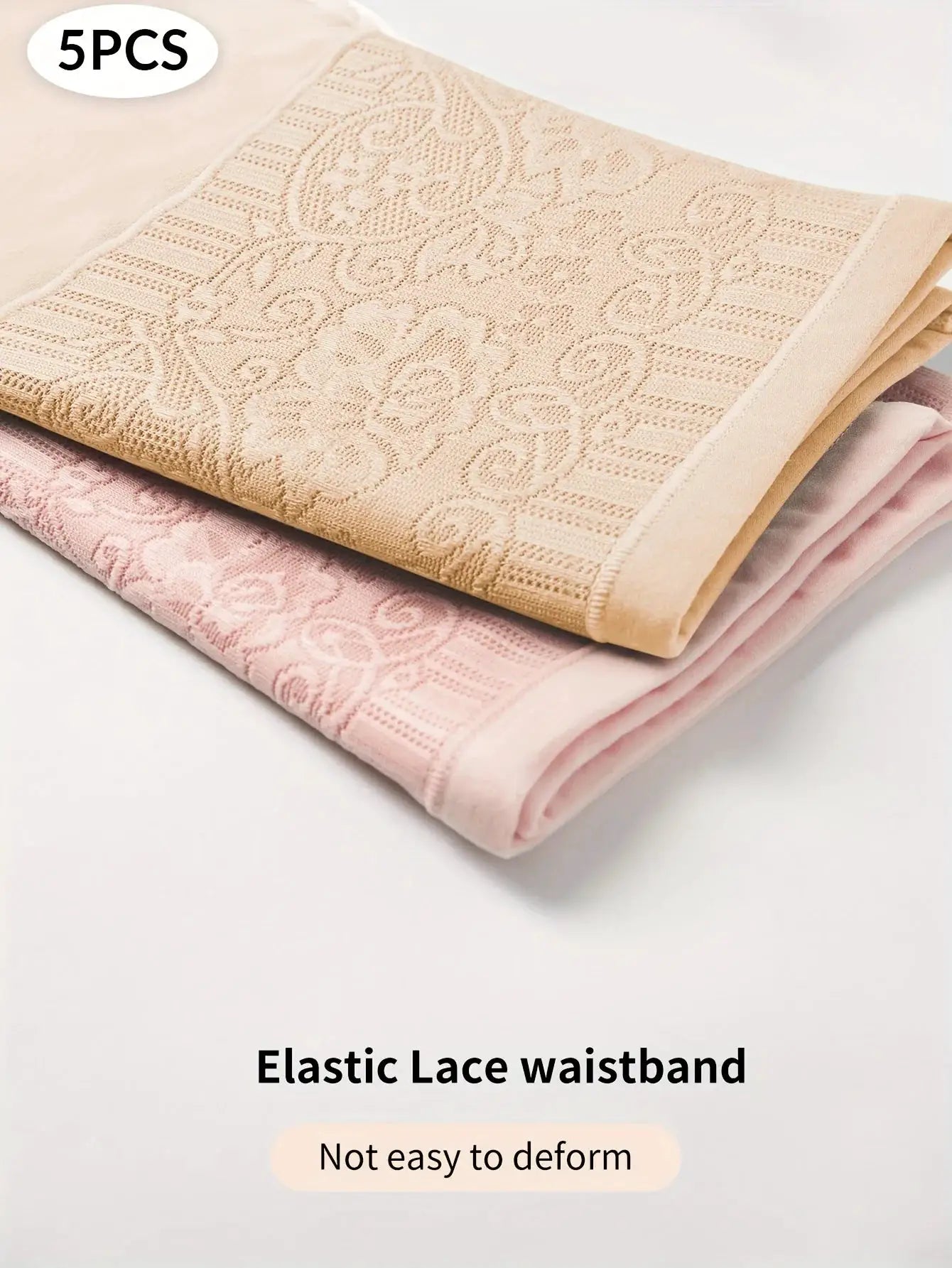 5-pack high-waisted tummy-tuck panties with jacquard lace waistband, cotton, beige and pink by Simples Market