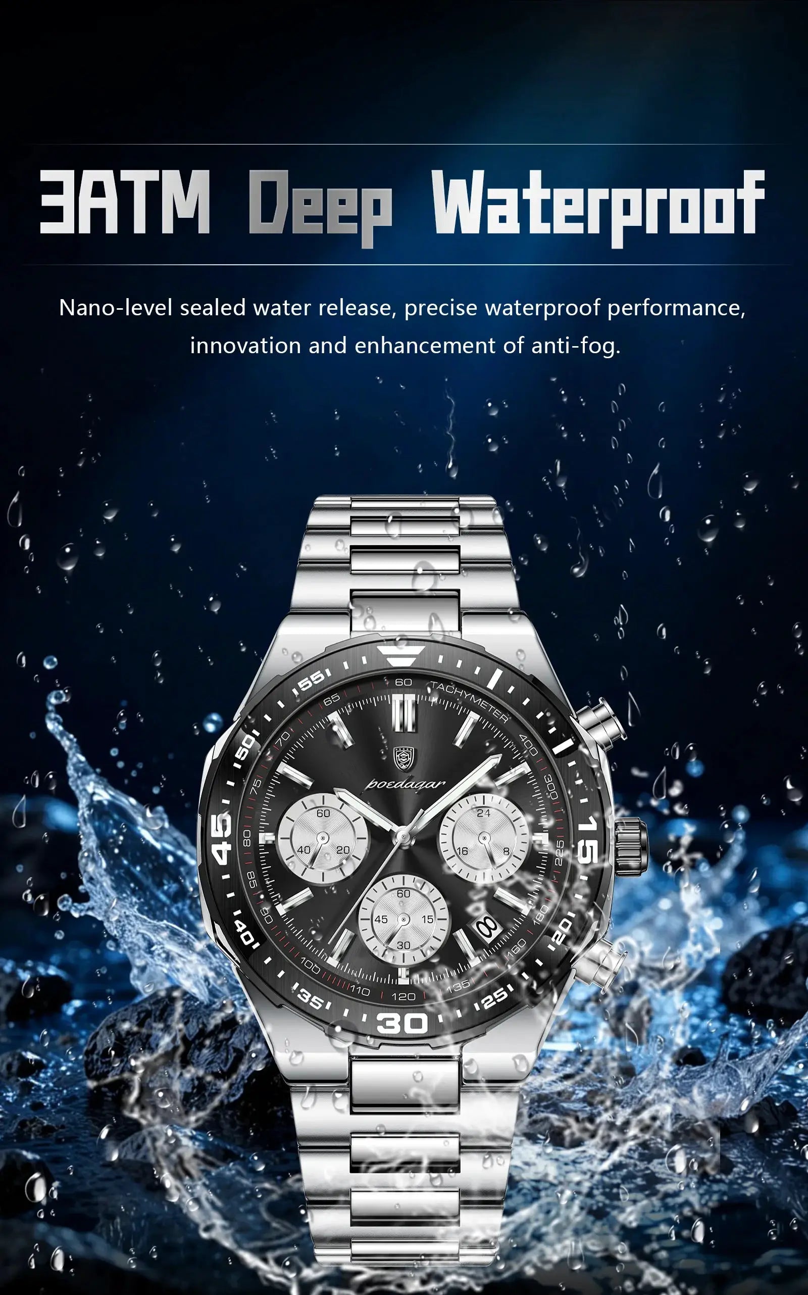 POEDAGAR men's stainless steel quartz chronograph watch, waterproof with luminous dial
