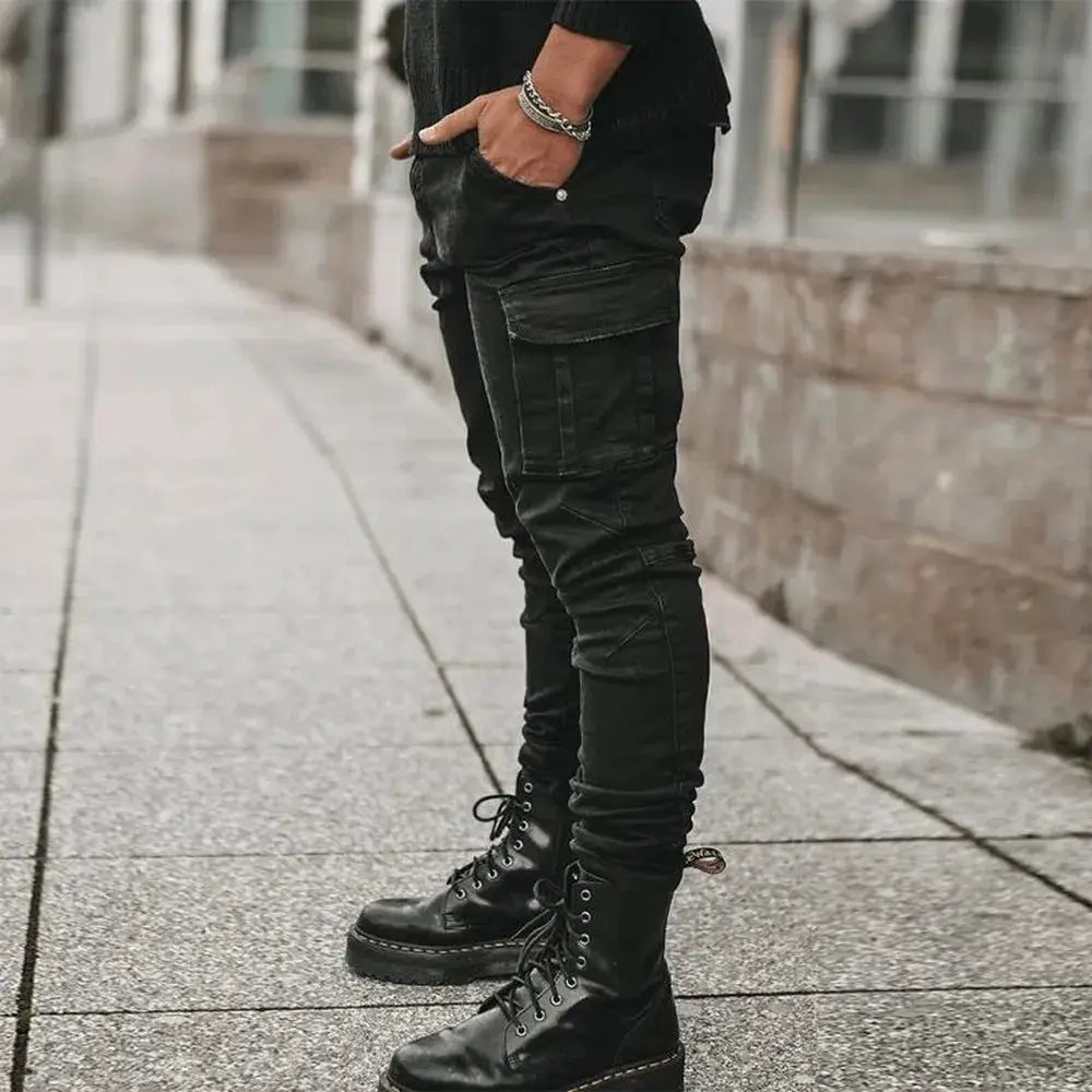 Street Elastic Jeans for men, Simples Market black denim cargo pants with multi pockets and slim fit