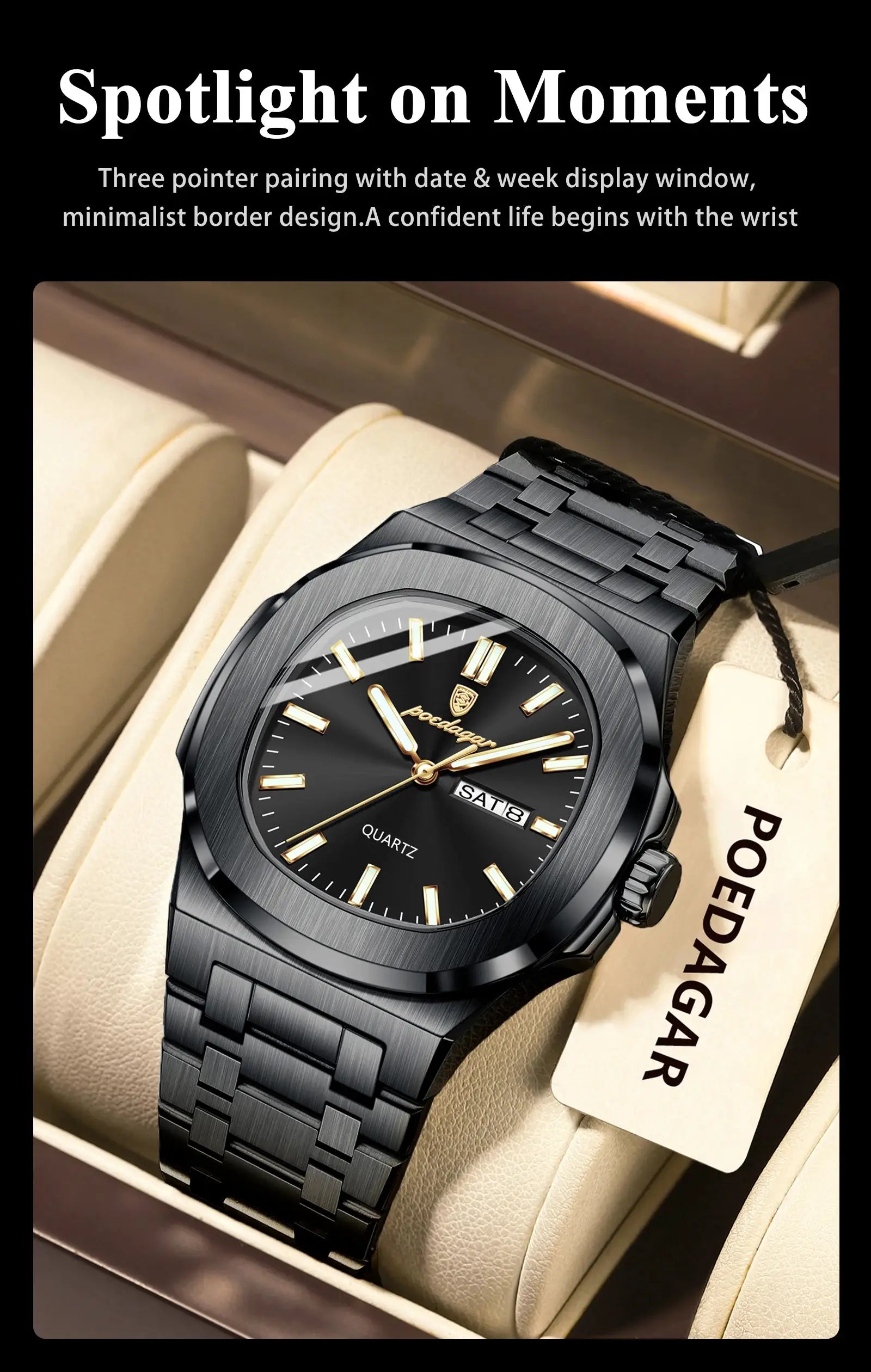 POEDAGAR men's square stainless steel wristwatch with black dial, gold-tone hands, day/date window