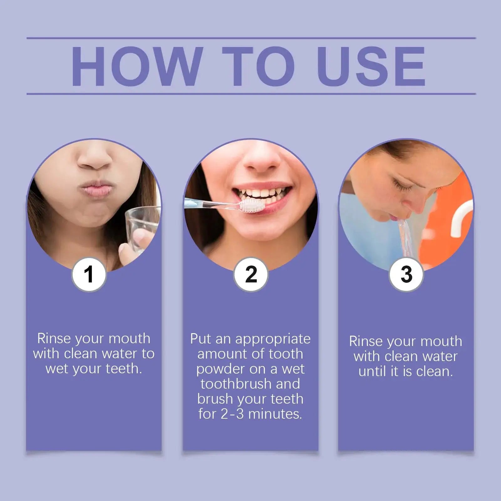 Whitening Tooth Powder by Simples Market: three-step how-to guide on a purple background