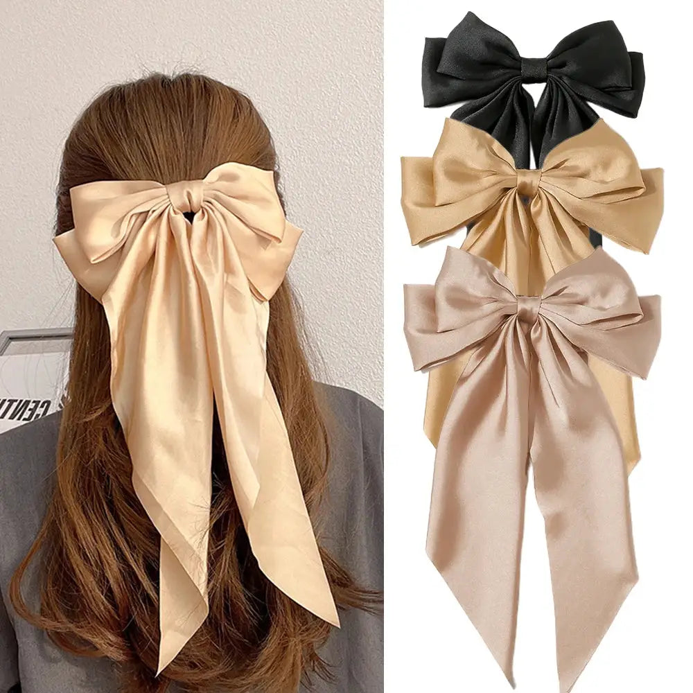 Korean Satin Bowknot Hair Clip For Women And Girls Long Ribbon Solid Color Barrette Hair Accessory