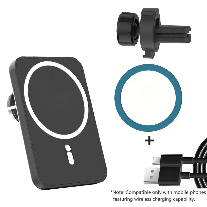 HOMEFISH magnetic car wireless charger for phones, black with white ring, car mount kit with USB cable