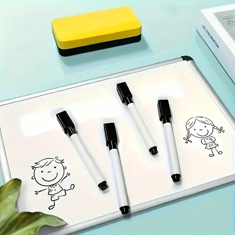 10pcs erasable whiteboard markers with built-in erasers; white bodies, black caps, non-toxic, medium tip