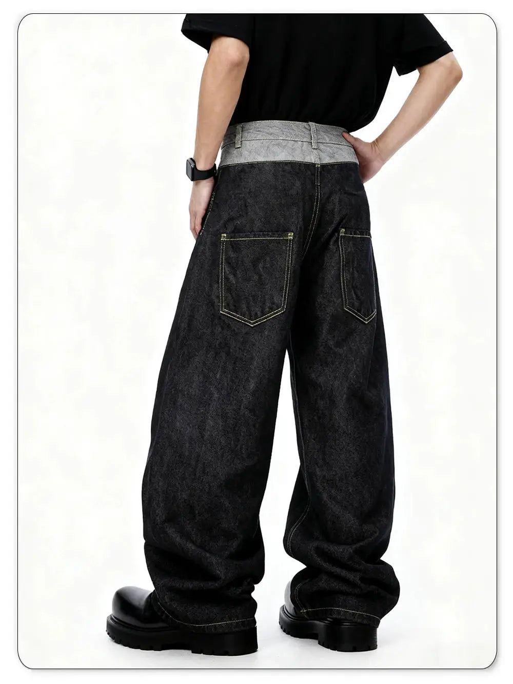 LIYS men's retro baggy wide-leg denim jeans with gray waistband and back pockets
