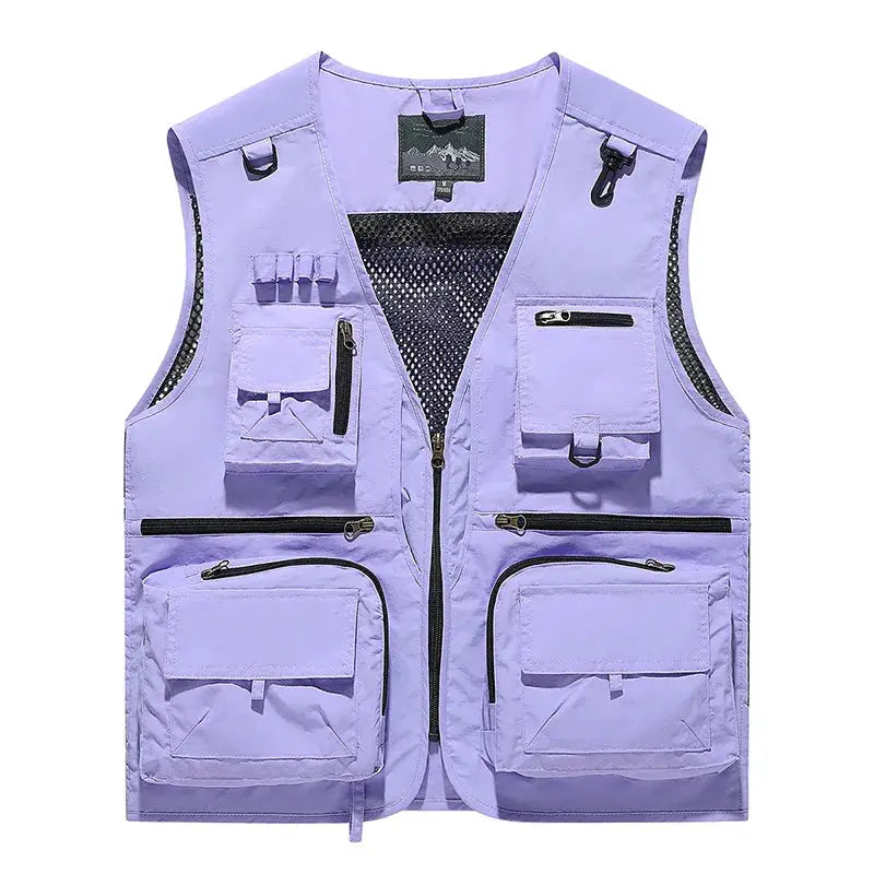 Men's lavender fishing vest with multiple pockets and mesh lining