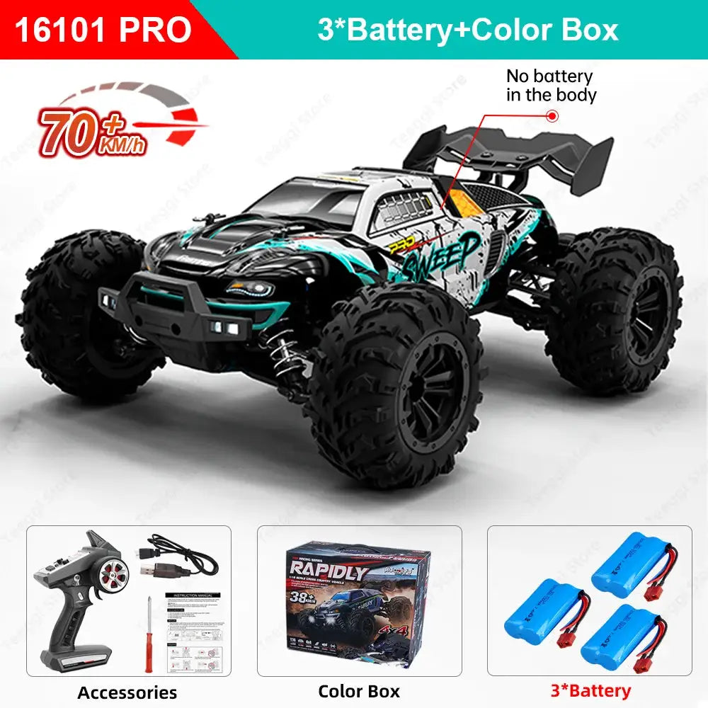 Teeggi 16101 PRO 1:16 high-speed 4WD RC monster truck with LED lights, includes 3 batteries and accessories