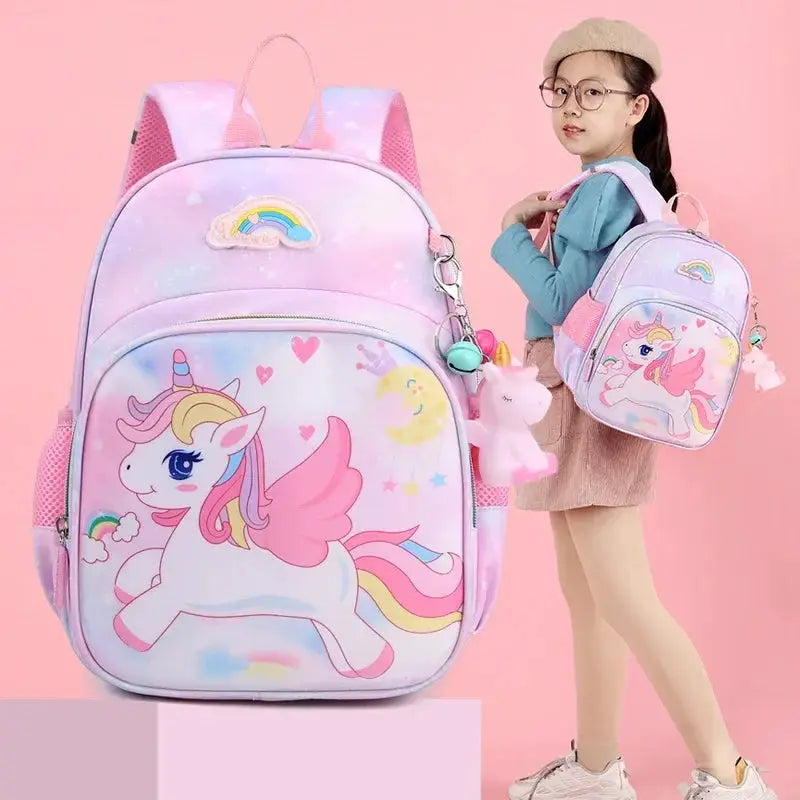 Pink pastel unicorn kids backpack set with large main bag and mini backpack