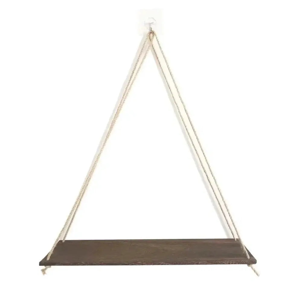 Wood hanging shelf with hemp rope triangle frame, wall-mounted floating shelf for plants or decor