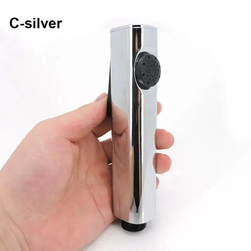 Handheld chrome ABS bidet sprayer with black circular nozzle and hose connector