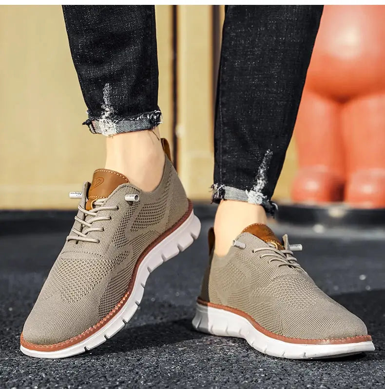 Plus-size men's taupe mesh lace-up casual shoes by Simples Market with brown leather accents and white sole