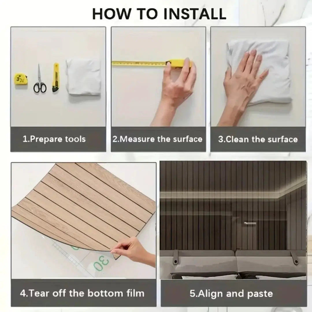 Simples Market 10pc self-adhesive wood grain wall panels for DIY ceiling decor; includes install steps.