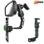 Rearview mirror phone holder by LRBH; black with green accents, 360° rotatable and retractable car mount