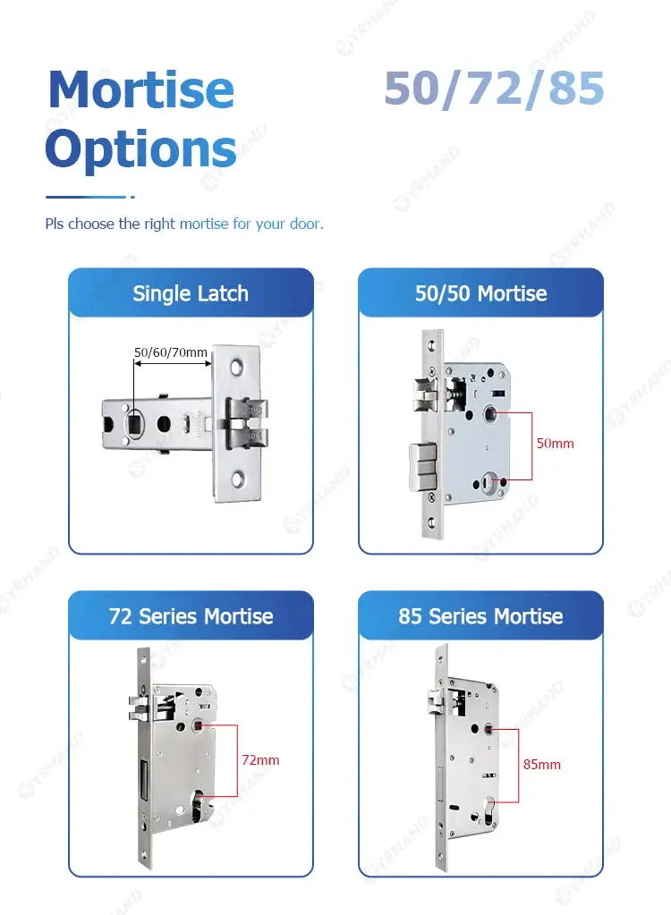 YRHAND H01 electronic smart door lock mortise options: four variants (Single Latch, 50/50, 72 Series, 85 Series).